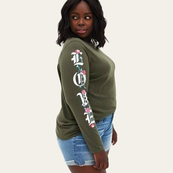 NEW TORRID Plus Size olive greenβlove rose long sleeve crew neck top. - Picture 8 of 13